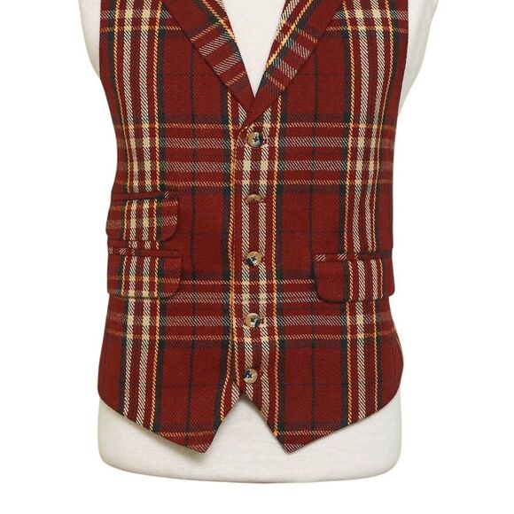 Mens Vest 44R Plaid Wool Burgundy Yellow Waistcoat Western Formal Wedding Party - Picture 5 of 9
